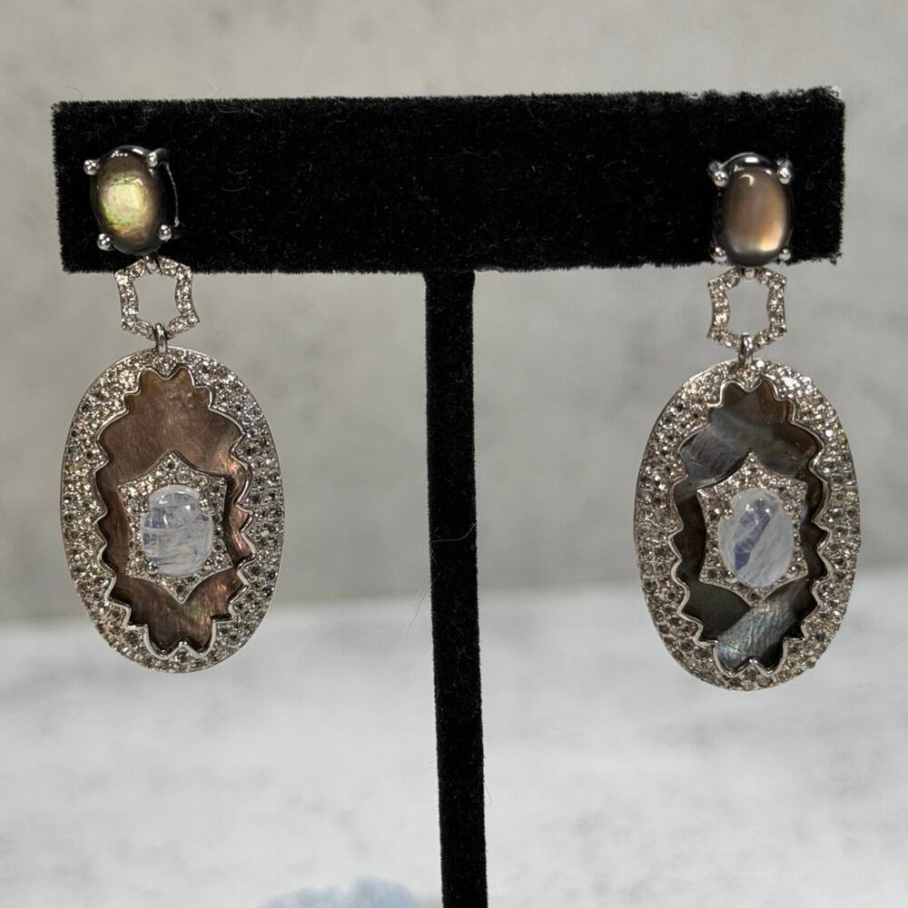 Colleen Lopez Moonstone Mother of Pearl MOP black earrings hsn drop gothic